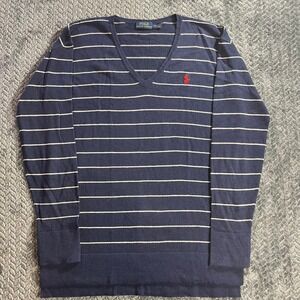 Polo Ralph Lauren Navy White Stripe V Neck Sweater Long Sleeve Women's M